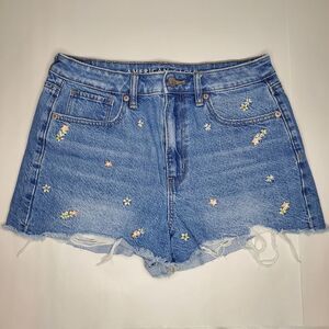 American Eagle High Rise Floral Embroidered Distressed Denim Mom Shorts Size 6